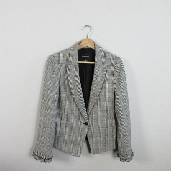Club Monaco Jackets & Blazers - Club Monaco Plaid Blazer Jacket Women Size 6 Gray Ruffle Sleeve Hem Career 558